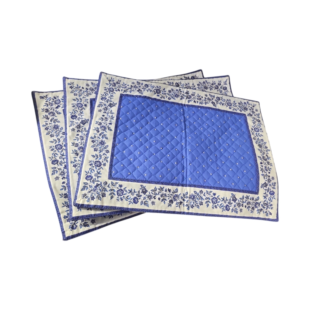 Tissus Toselli Cotton Quilted French Callisson Floral Placemat in Blue